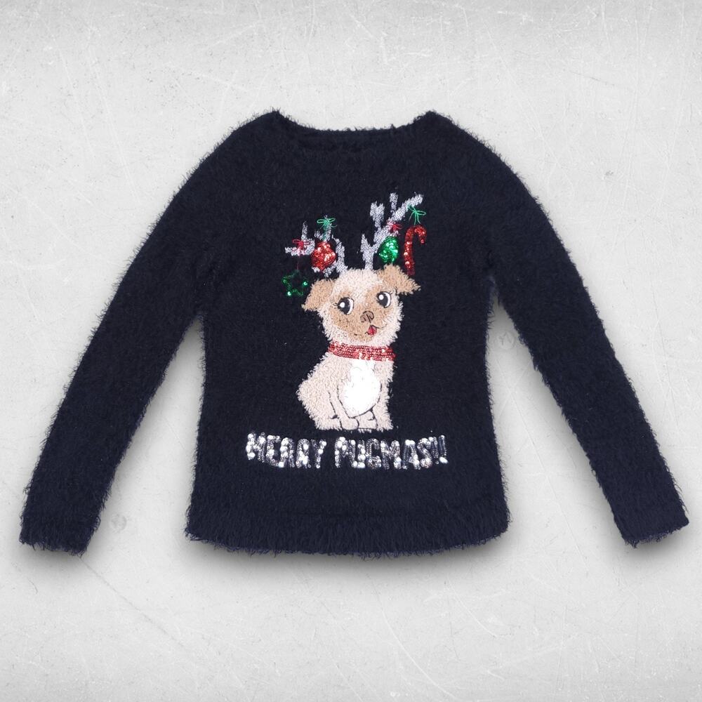 Merry Pugmas Fuzzy Sweater Women Blk Pug Reindeer‎ Sequins Xmas Christmas Party